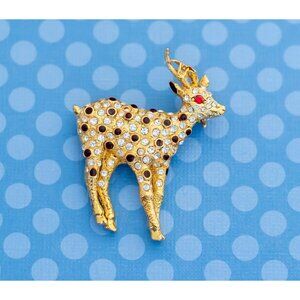 Vintage Mid Century Christmas Reindeer Rhinestone Brooch - M17